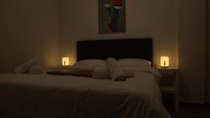 a bedroom with a bed with two lights on it at Suite Apartment Siatista in Siátista