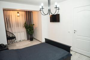 LupeniにあるMJ Apartmentのベッドとシャンデリアのある寝室
