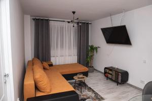 sala de estar con sofá y TV de pantalla plana en MJ Apartment, en Lupeni