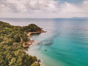 an island in the ocean with a boat in the water at La Résidence du Bailli in Rayol-Canadel-sur-Mer