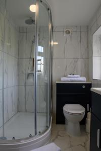 a bathroom with a shower and a toilet and a sink at The Flyford in Worcester