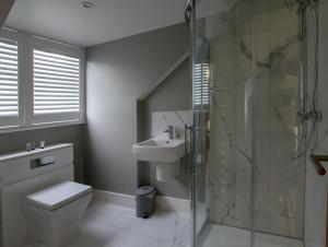 a bathroom with a shower and a toilet and a sink at The Flyford in Worcester