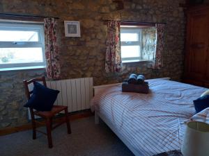 1 dormitorio con 1 cama, 1 silla y 2 ventanas en Laurel cottage Melplash, en Netherbury
