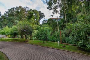 eine Backsteinstraße mit Bäumen und ein Haus im Hintergrund in der Unterkunft Rosa Edifício Parque da Vinícola in Gramado