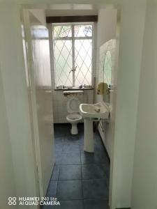 a bathroom with a toilet and a sink and a window at Sunset Executive Lodge in Boksburg