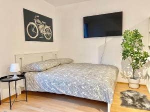 1 dormitorio con 1 cama y TV de pantalla plana en Classy I Modern I Free Parking, en Viena