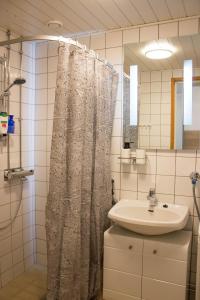 拉赫蒂的住宿－HighHill Lahti City apartment，浴室配有淋浴帘和盥洗盆。