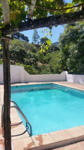 a large blue swimming pool with a pergola at Finca Riolavar in Jubrique