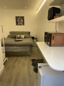 a bedroom with a bed and a table with a microwave at Beautiful 1-Bed Studio in Uxbridge London in Uxbridge