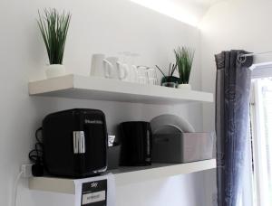 a shelf with a microwave and some plants on it at Beautiful 1-Bed Studio in Uxbridge London in Uxbridge