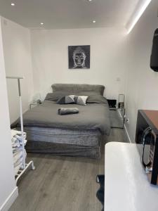 a bedroom with a bed with a skull picture on the wall at Beautiful 1-Bed Studio in Uxbridge London in Uxbridge