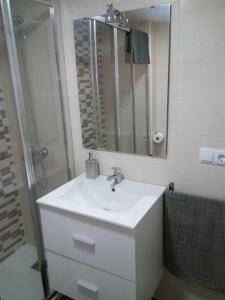 a white bathroom with a sink and a shower at APARTAMENTO DANAE centro in Zumaia