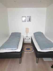 2 łóżka pojedyncze w pokoju z szafką nocną w obiekcie Cosy groundfloor apartment w mieście Sørvágur