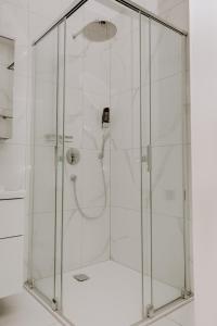 a shower with a glass enclosure in a bathroom at FAIRien from home in Neusiedl am See