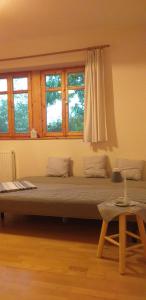 uma cama grande num quarto com janelas em BényeLak - Zöldorom kutya - és bababarát vendégház em Legyesbénye
