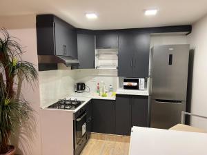 a kitchen with black cabinets and a stainless steel refrigerator at Dublex Apartment in Yerevan komitas D1 in Yerevan