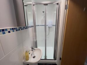 a bathroom with a shower and a sink at Princes Court, Sea Road in Bournemouth
