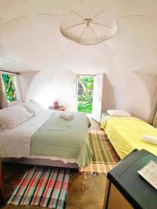 een slaapkamer met 2 bedden en een plafondventilator bij Hospedagem Alternativa in Alto Paraíso de Goiás