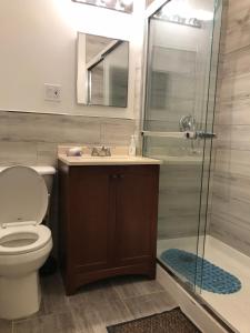 a bathroom with a toilet and a shower with a sink at Room 2 in Chicago
