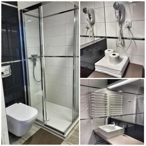 two pictures of a bathroom with a shower and a toilet at Apartament Pod Wyciągiem - Czarna Góra Resort & SPA in Sienna