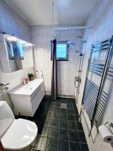 y baño con lavabo y ducha. en The High Coast House, en Örnsköldsvik