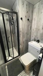 uma casa de banho com um chuveiro, um WC e um lavatório. em The Lounge em Newquay