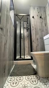 uma casa de banho com um chuveiro e um WC. em The Lounge em Newquay