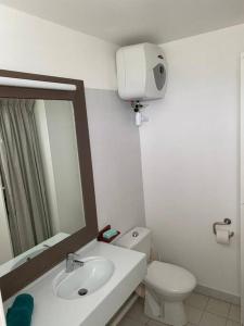 a bathroom with a sink and a toilet and a mirror at Kaza Loulou in Saint-François