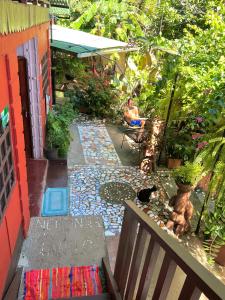 蒙特蘇馬的住宿－Pura Vida Hostel，坐在花园里椅子上的人