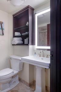 uma casa de banho com um lavatório, um WC e um espelho. em The Lucie em Jensen Beach