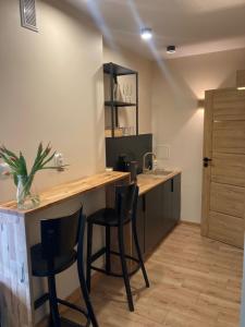 uma cozinha com um bar com 2 cadeiras e um lavatório em Apartamenty PRZY FONTANNIE em Zielona Góra