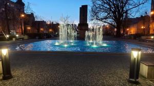 a fountain with lights in a city at night at Apartamenty PRZY FONTANNIE in Zielona Góra