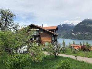 uma casa de madeira ao lado de um lago em Lakeview Gem em Krattigen