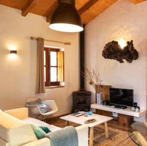 a living room with a couch and a tv at Casas de Campo do Castro da Cola in Marchicão