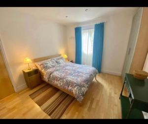 een slaapkamer met een bed en een raam met blauwe gordijnen bij Fab location 2 bed garden flat camden in Londen