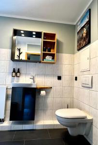 a bathroom with a toilet and a sink and a mirror at HEIMATliebe Apartment für 2 in Blankenhain