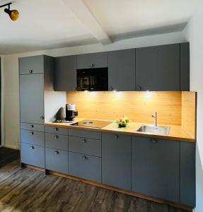 a kitchen with gray cabinets and a sink at HEIMATliebe Apartment für 2 in Blankenhain