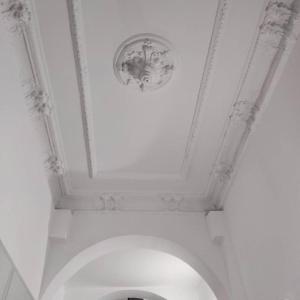 Cette chambre blanche dispose d'un plafond avec un urinoir. dans l'établissement Kamienica Centrum Apartament nr 9, à Szczecin