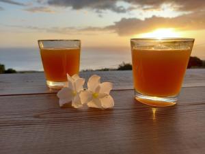 dos vasos de zumo de naranja y flores blancas en una mesa de madera en Le Noé, en Saint-Leu