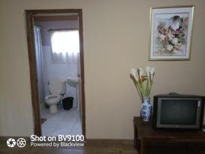 a bathroom with a toilet and a tv in a room at Casa del Campo in Tela