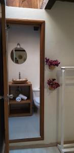 uma casa de banho com um WC, um lavatório e um espelho. em Noma Bed & Breakfast em San Cristóbal de Las Casas
