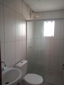 佛羅安那波里的住宿－Apartamento na Praia dos Ingleses，白色的浴室设有卫生间和水槽。