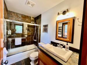 a bathroom with a sink and a toilet and a shower at Highland Huckleberry Lodge in Whitefish