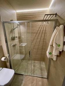 um chuveiro com uma porta de vidro na casa de banho em KUBÍNSKA HOĽA - Apartmány HILLSIDE point em Dolný Kubín