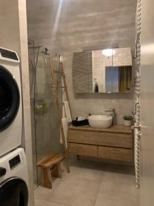 La salle de bains est pourvue d'un lavabo et d'une douche en verre. dans l'établissement Logement Le Bois Le Prêtre Pont-à-Mousson, à Pont-à-Mousson