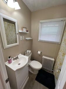 a bathroom with a sink and a toilet and a window at The Purple Door apt in the heart of Radford city in Radford