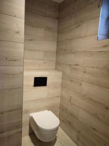 a bathroom with a toilet in a wooden wall at Luxe chalet 79 in Ružomberok