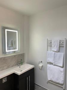 een badkamer met een wastafel, een spiegel en handdoeken bij Tall Pines Lodges in Lulsgate Bottom