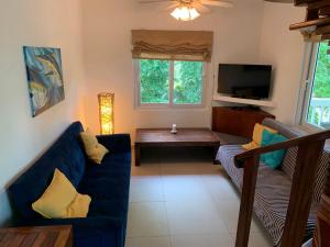 ein Wohnzimmer mit einem blauen Sofa und einem TV in der Unterkunft Stunning Loft 2 Floor Unit with Balcony in Isla Contadora