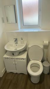a white bathroom with a toilet and a sink at Spacious One Bedroom Apartment in Sulhampstead Abbots
